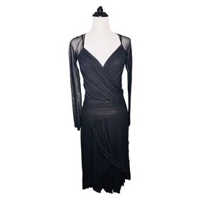 90s Y2K Fuzzi Mesh Dress Size L Black Sheer Sleeve Ruched Stretch Midi Quality